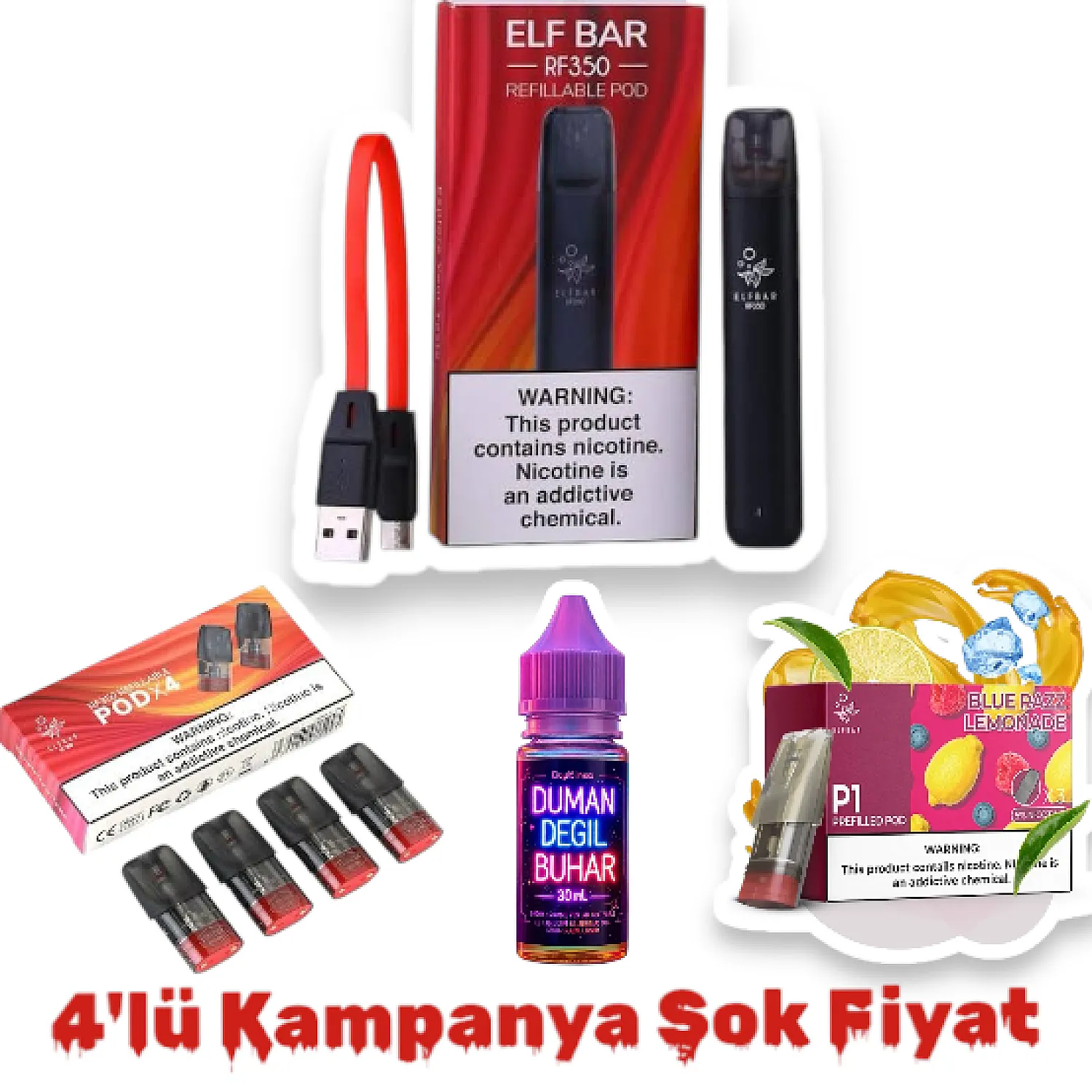 Yeni Başlayanlara Özel! 4'lü Kampanya Elfbar RF350 Cihaz+ (Dolu&Boş) Kartuş+ Hediye Salt Likit